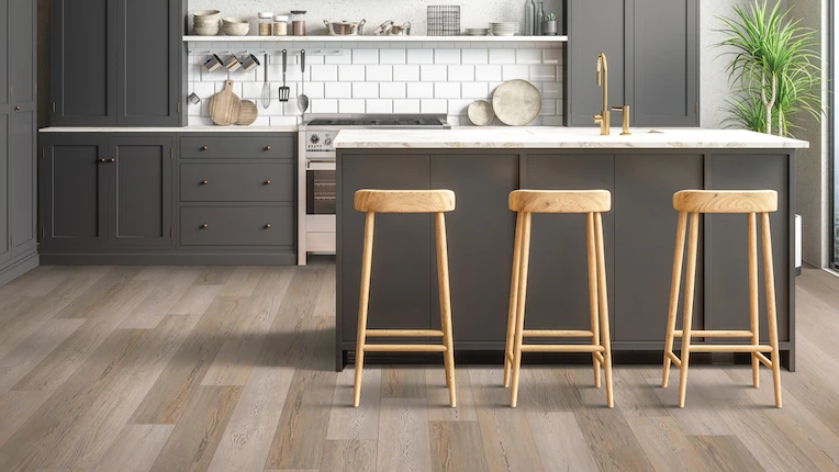 multi-toned rustic luxury vinyl plank flooring in a stylish kitchen